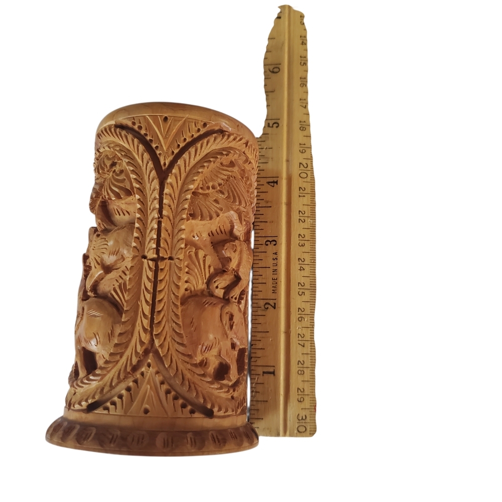 Vintage Hand-Carved Wooden Pen Holder - African Wildlife & Jungle Scene - Picture 6 of 8